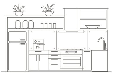 Mimari doğrusal kroki iç küçük mutfak Önden Görünüm