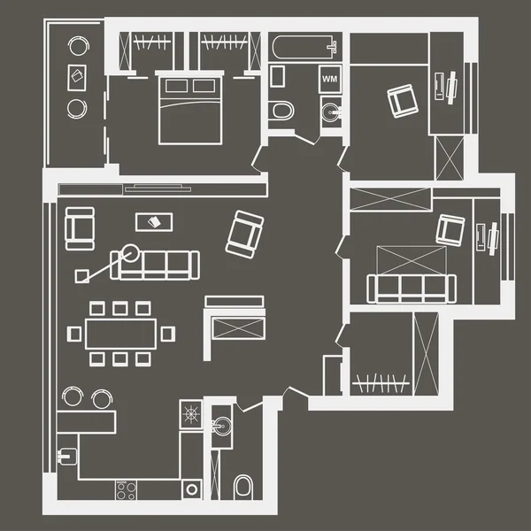 Linear architectural sketch plan of three bedroom apartment on gray background — Stock Vector