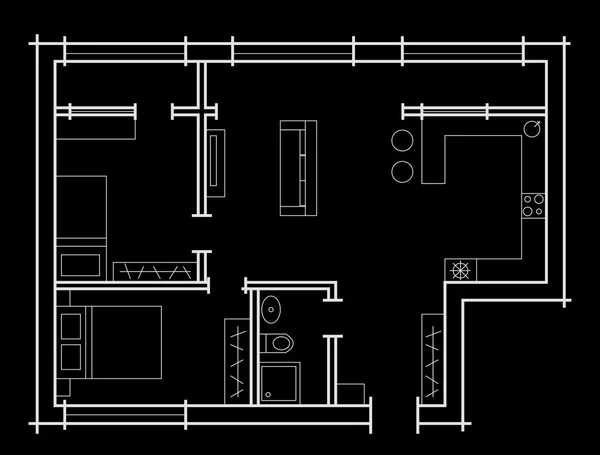 Bosquejo plano apartamento de dos dormitorios fondo negro — Vector de stock