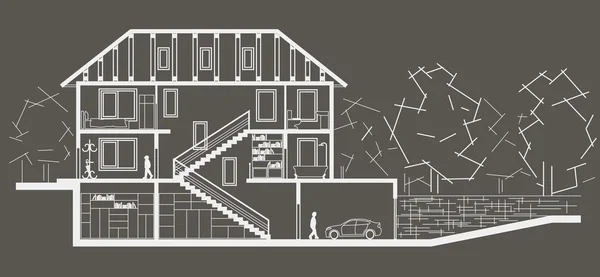 Bosquejo lineal arquitectónico casa a nivel de árbol. Dibujo seccional sobre fondo gris — Vector de stock