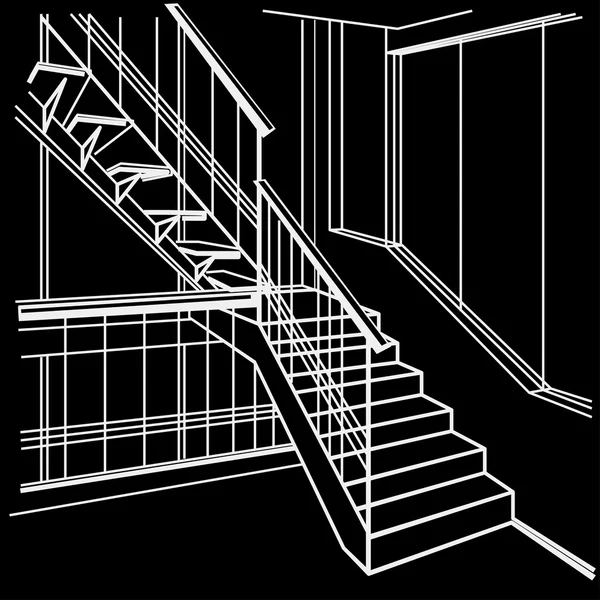Trazado arquitectónico lineal escaleras interiores sobre fondo negro — Vector de stock