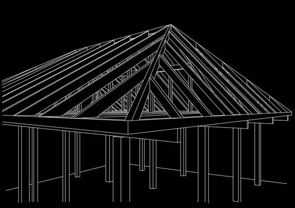 Lineare architektonische Skizze Holzrahmenhaus auf schwarzem Hintergrund — Stockvektor