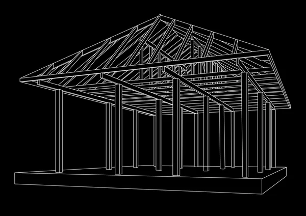 Лінійний архітектурний ескіз перспективи дерев'яної рамки на чорному тлі — стоковий вектор