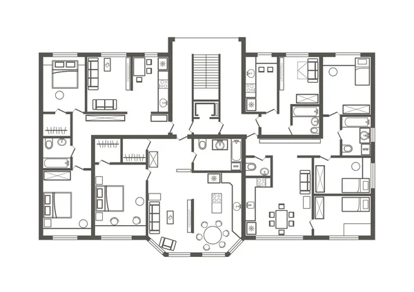 Linear architectural sketch plan of apartment section — Stock Vector