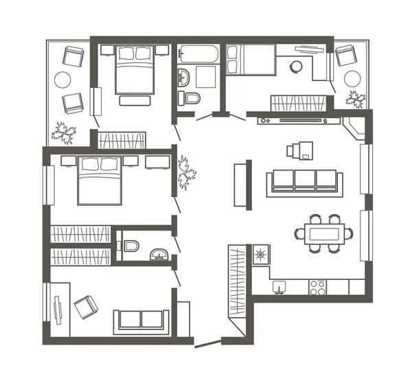 Plano de esboço arquitetônico linear de apartamento de quatro quartos —  Vetores de Stock