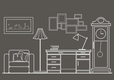 gri arka plan üzerinde doğrusal mimari kroki kabine Önden Görünüm