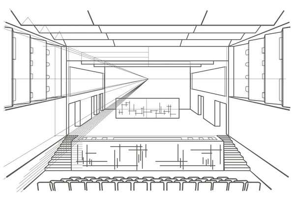 Sala de conciertos lineal de bocetos arquitectónicos — Vector de stock