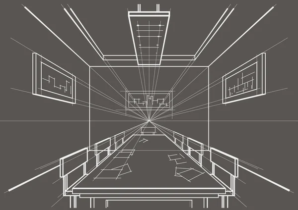Interiér zasedací místnost na šedém pozadí lineární architektonické skici — Stockový vektor