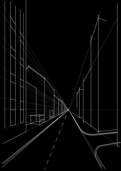 Bosquejo arquitectónico conceptual calle de la ciudad sobre fondo negro — Vector de stock