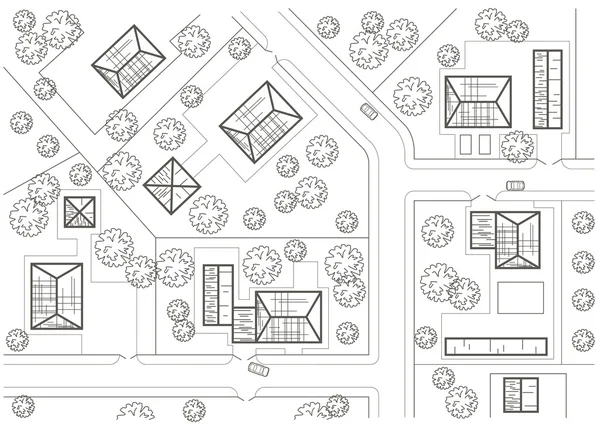 Lineare architektonische Skizze allgemeiner Dorfplan — Stockvektor