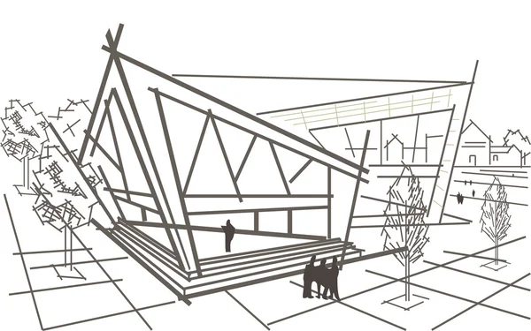 Линейный архитектурный эскиз современного абстрактного углового здания — стоковый вектор