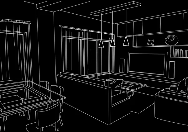 线性建筑素描客厅的工作室 — 图库矢量图片