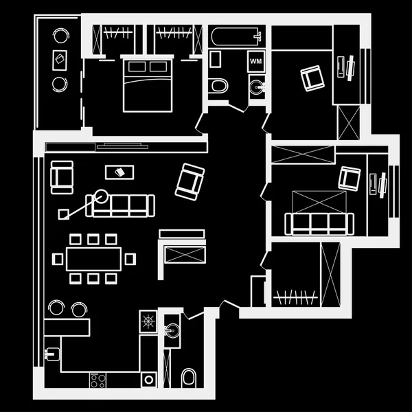 Plan van de lineaire architecturale schets van drie slaapkamerappartement op zwarte achtergrond — Stockvector