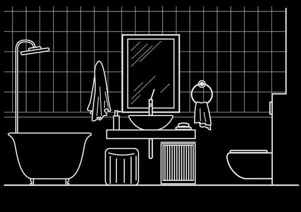 Widok z przodu wnętrze łazienki architektonicznych liniowy szkicu na czarnym tle — Wektor stockowy