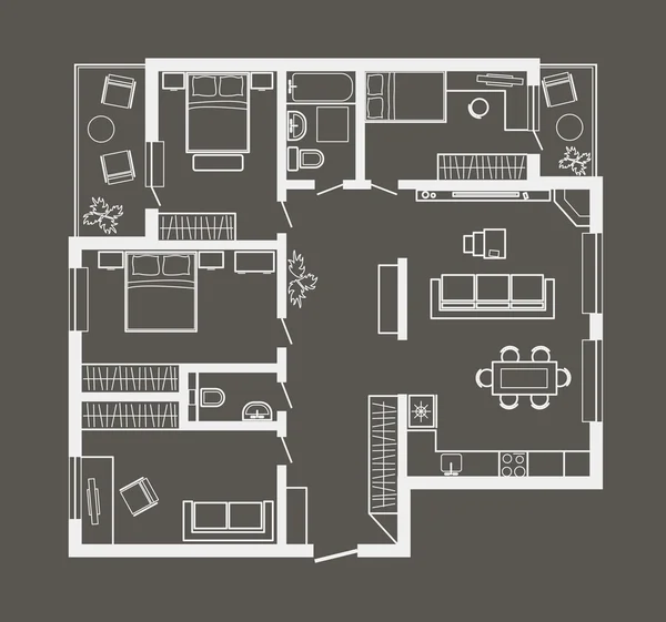 Plano de esboço arquitetônico linear de apartamento de quatro quartos em fundo cinza —  Vetores de Stock