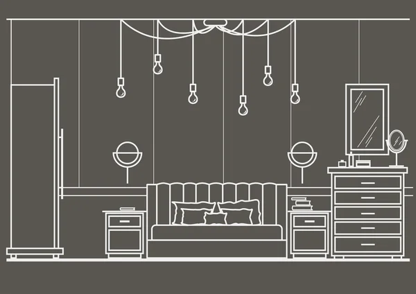Architekturskizze Interieur modernes Schlafzimmer Vorderansicht auf grauem Hintergrund — Stockvektor