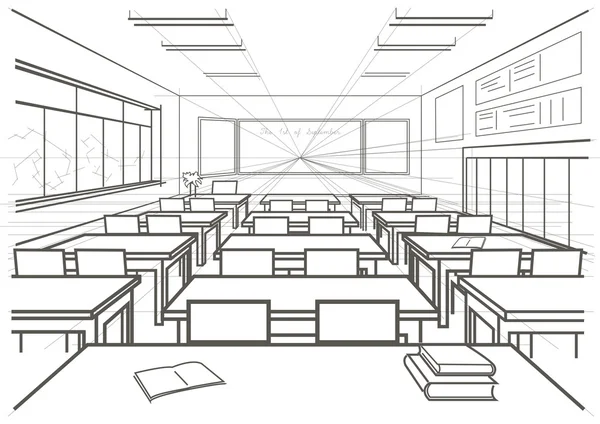 Dibujo arquitectónico lineal aula de la escuela interior — Vector de stock