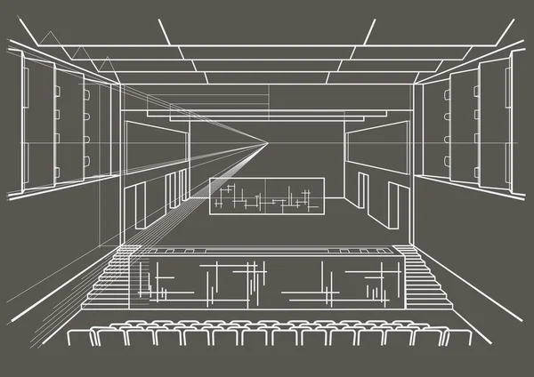 Esquisse architecturale linéaire salle de concert sur fond gris — Image vectorielle