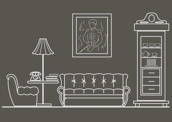 Lineare architektonische Skizze Wohnzimmerfrontansicht auf grauem Hintergrund — Stockvektor