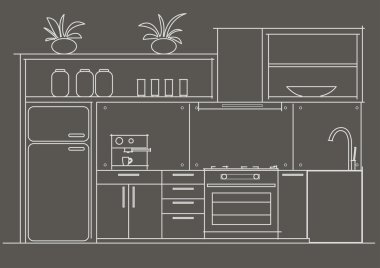 Gri arka plan üzerinde mimari doğrusal kroki iç küçük mutfak Önden Görünüm