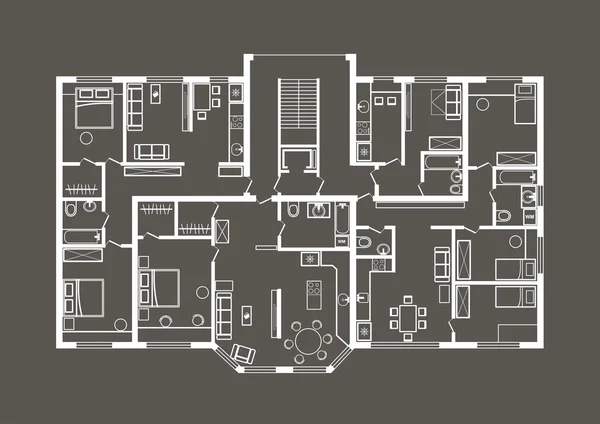 Plán lineární architektonické skici byt sekce na šedém pozadí — Stockový vektor