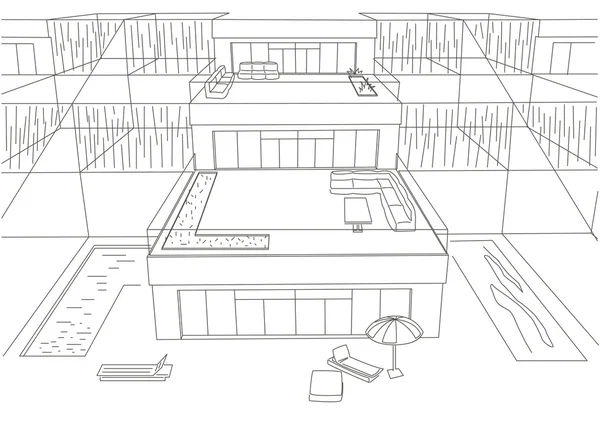 Lineární architektonické skici terasové domy pohled zepředu na bílém pozadí — Stockový vektor