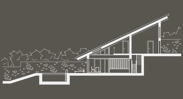 Architektonické skici lineární dvě úrovně domu s bazénem. Výkres na šedém pozadí — Stockový vektor