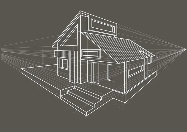 회색 배경에 선형 건축 스케치 단독된 주택 — 스톡 벡터