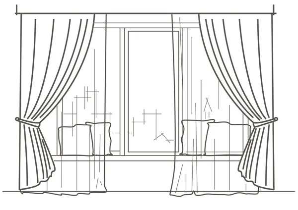 線形の建築スケッチ大きな窓のカーテンとクッション — ストックベクタ