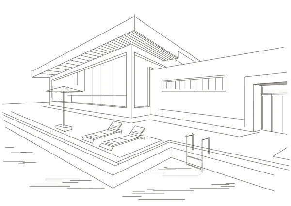 Лінійний ескіз будинку відпочинку з басейном — стоковий вектор