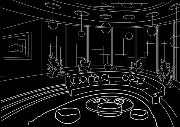 Ескіз інтер'єру круглої вітальні з подіумним чорним фоном — стоковий вектор