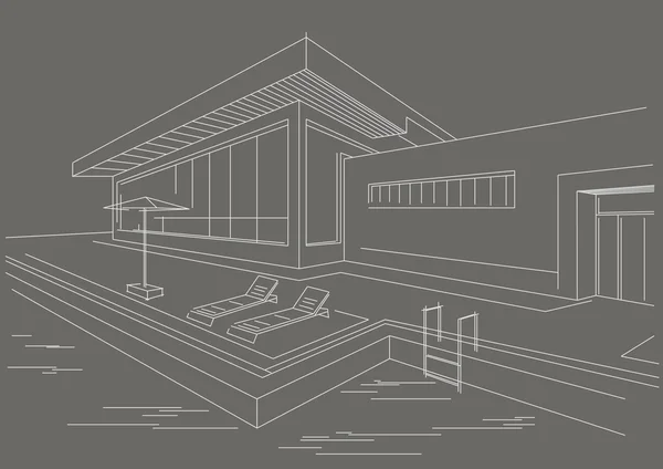 Architecturale lijn schets vakantiehuis met zwembad grijze achtergrond — Stockvector