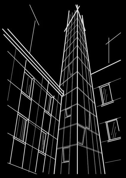 Linear architectural sketch of skyscraper tower on black background — Stock Vector