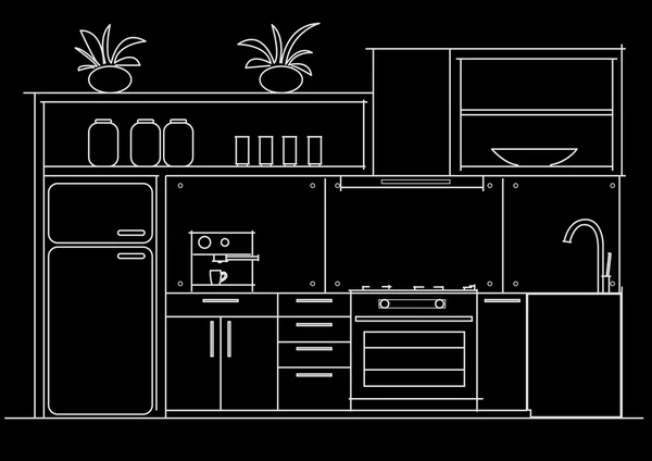 Arquitetura linear esboço interior pequena cozinha vista frontal sobre fundo preto — Vetor de Stock