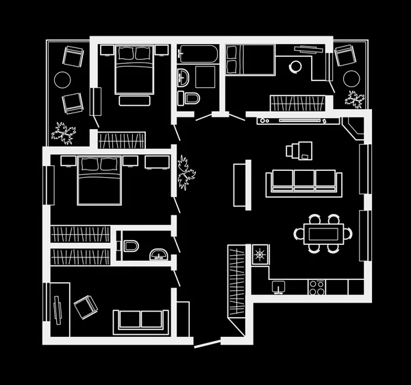 Plano de dibujo arquitectónico lineal de apartamento de cuatro dormitorios — Archivo Imágenes Vectoriales