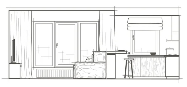 Croquis architectural linéaire studio moderne vue de face — Image vectorielle