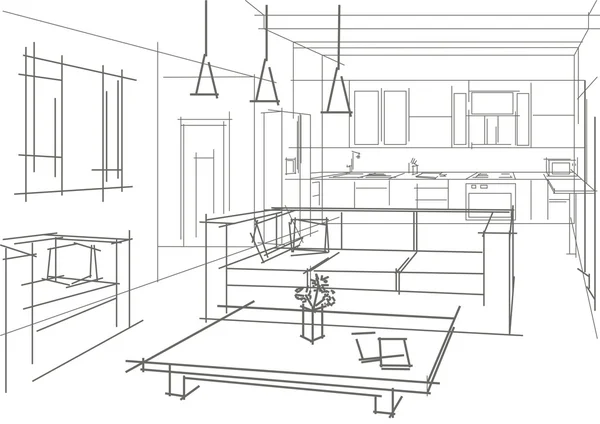 Sketsa linear dari interior datar - Stok Vektor