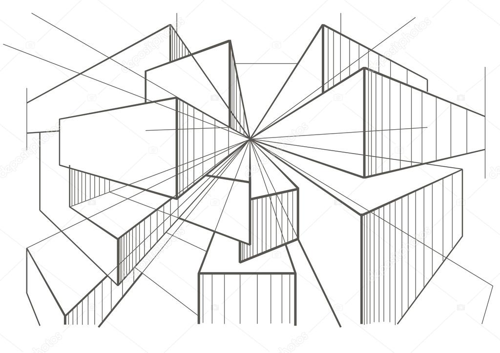 Cajas de dibujo arquitectónico abstracto en perspectiva — Vector de stock