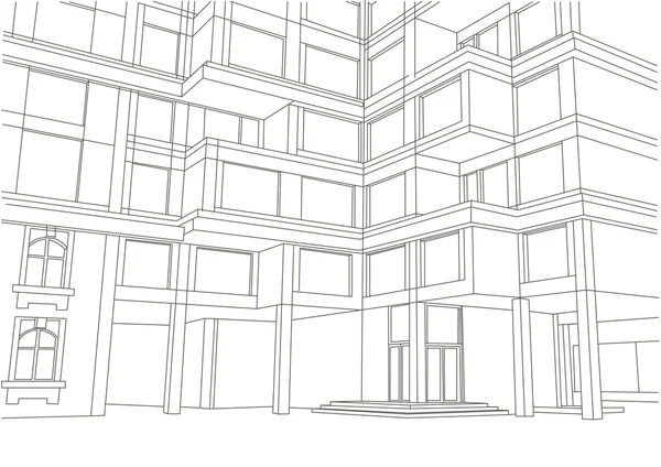 Boceto arquitectónico gran edificio de apartamentos con balcones — Vector de stock