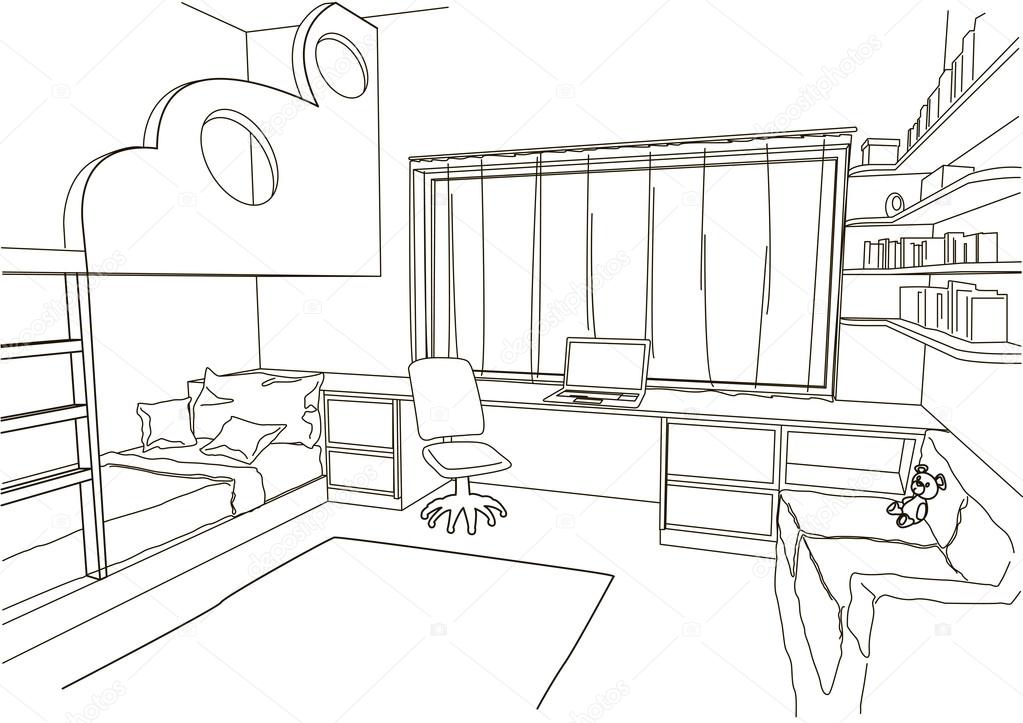 linear architectural sketch child room