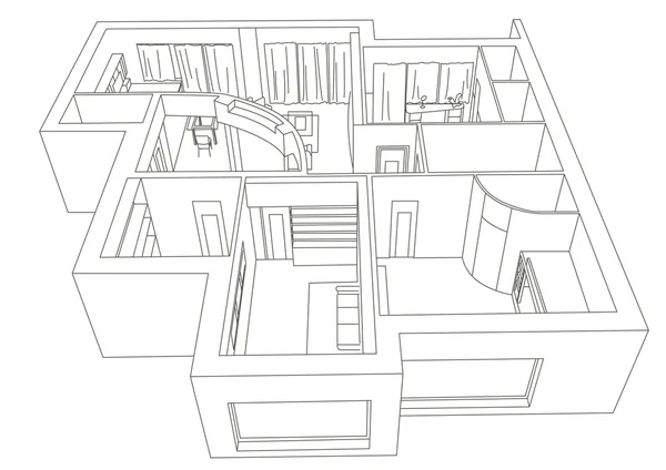 Lineare architektonische Skizze Innenraum flach 3d — Stockvektor