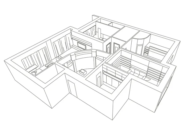 Boceto arquitectónico lineal plano 3D — Vector de stock
