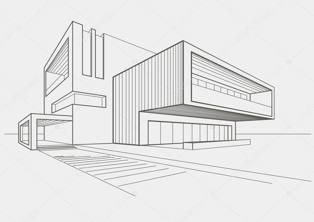 linear sketch of modern building on light gray background