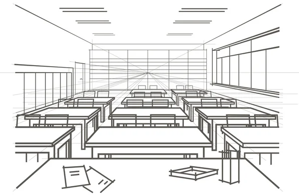 Dibujo arquitectónico lineal aula interior — Vector de stock