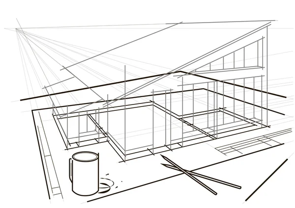 Lineare architektonische Skizze. Architekturzeichnung auf dem Tisch mit Bleistift und Kaffeetasse — Stockvektor