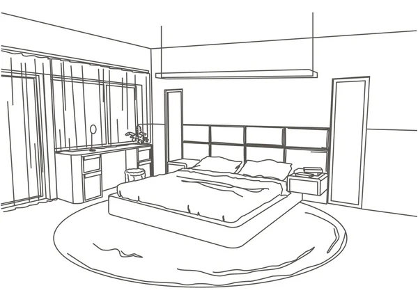 Sketsa arsitektur interior kamar tidur modern - Stok Vektor