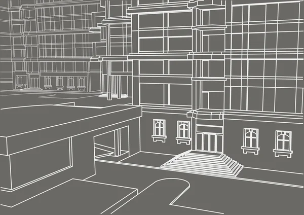 灰色の背景にいくつかのレベルで建物の建築の直線スケッチ — ストックベクタ