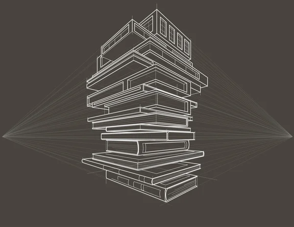 Pojem lineární náčrtek knihy transformována do budovy šedé pozadí — Stockový vektor