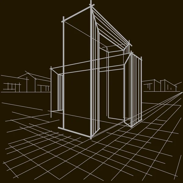 Lineare Skizze der architektonischen Konstruktion zweier sich überschneidender Bögen auf schwarzem Hintergrund — Stockvektor