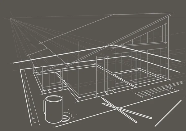 Esbozo arquitectónico lineal. Dibujo arquitectónico sobre mesa con lápices y taza de café sobre fondo gris — Vector de stock